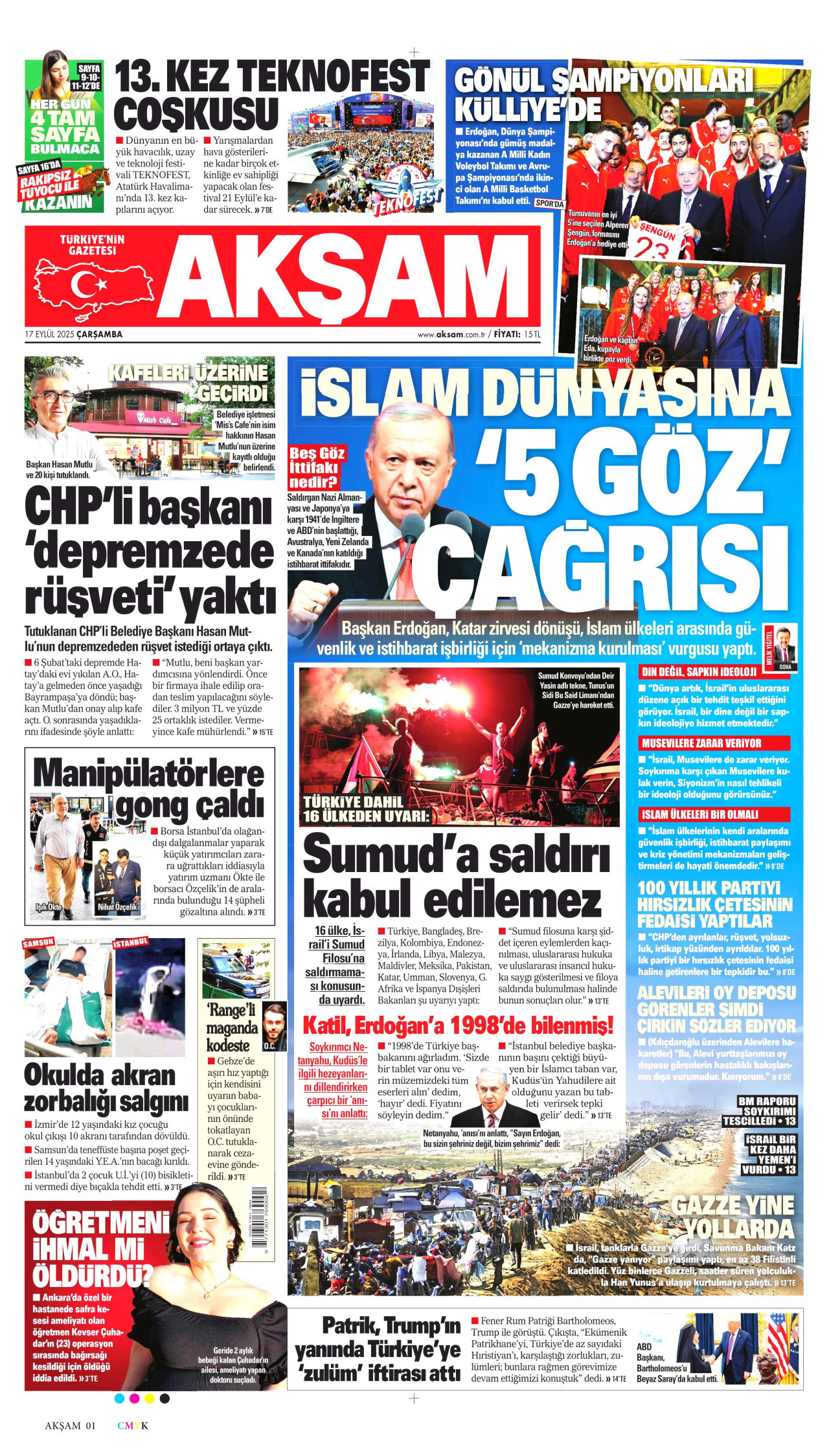 Gazeteler manşetine hangi haberleri taşıdı? İşte 17 Eylül Çarşamba gazete manşetleri