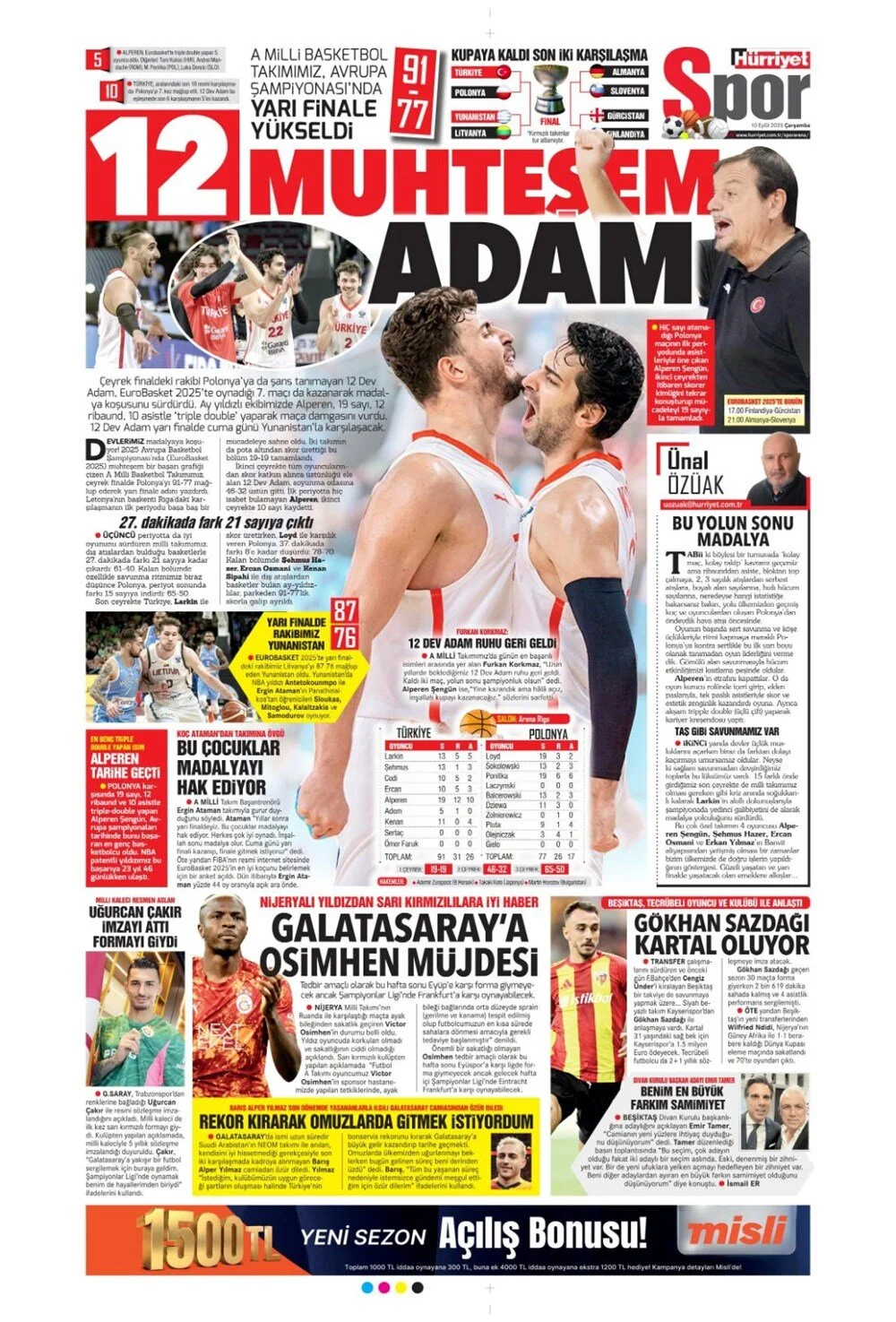 10 Eylül Çarşamba spor gazeteleri manşetleri: Bugün sporda hangi başlıklar öne çıktı?