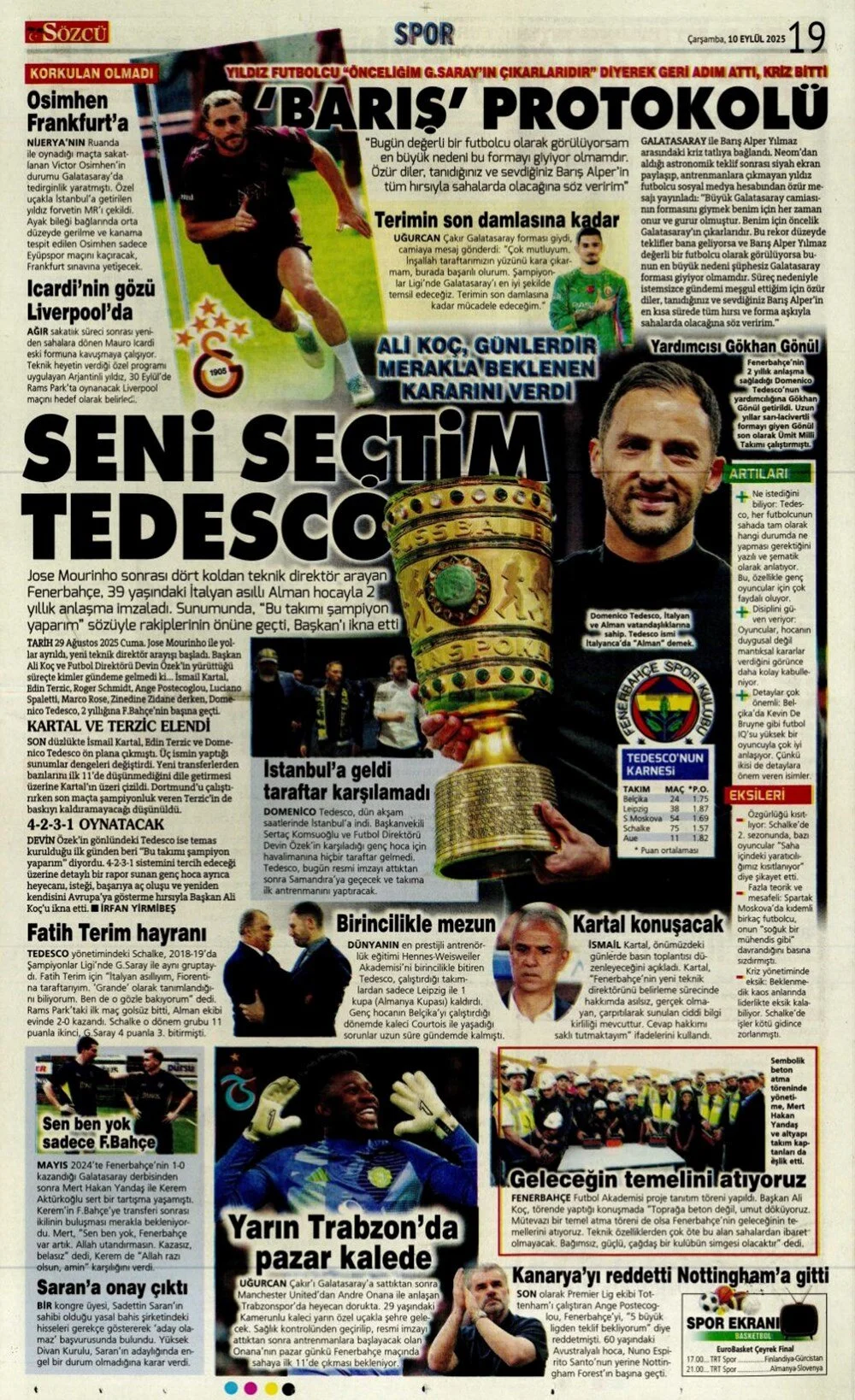 10 Eylül Çarşamba spor gazeteleri manşetleri: Bugün sporda hangi başlıklar öne çıktı?