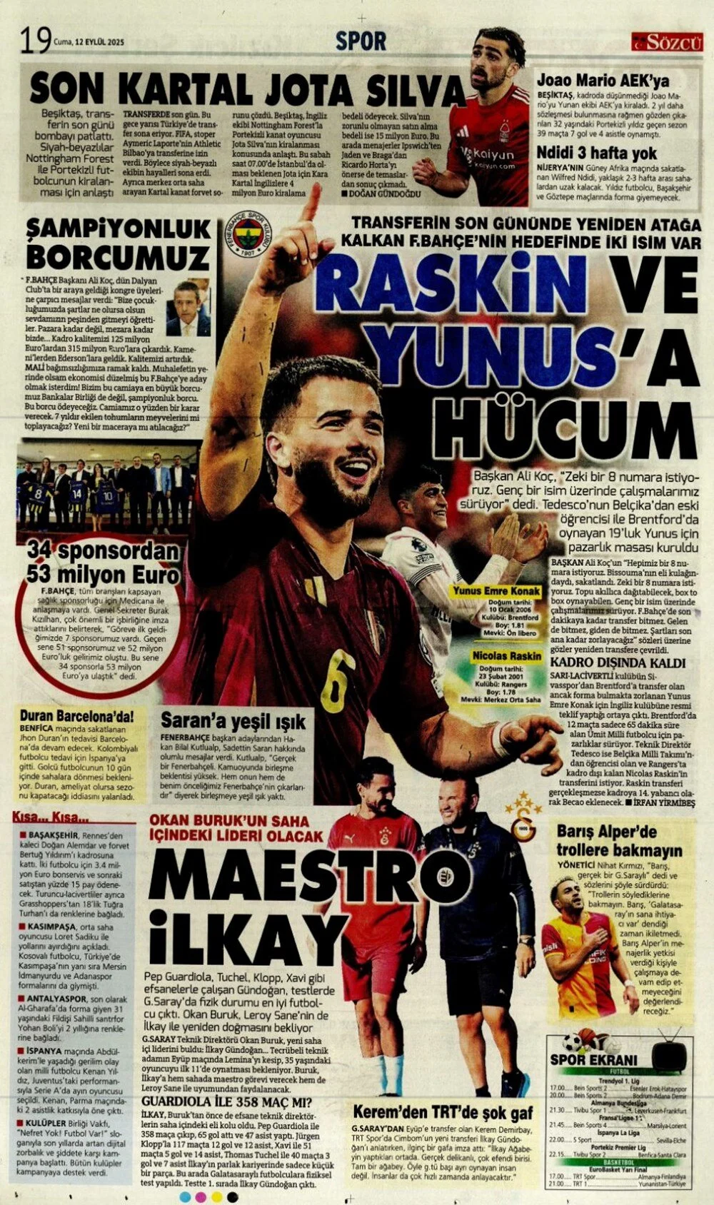 12 Eylül Cuma spor gazeteleri manşetleri: Bugün sporda hangi başlıklar öne çıktı?