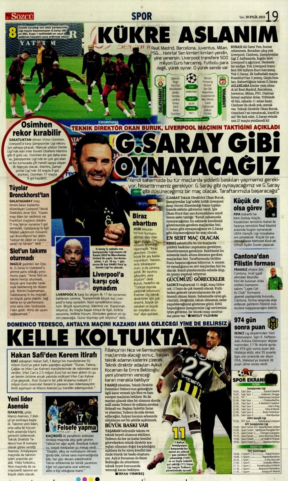 30 Eylül Salı spor gazeteleri manşetleri: Bugün sporda hangi başlıklar öne çıktı?