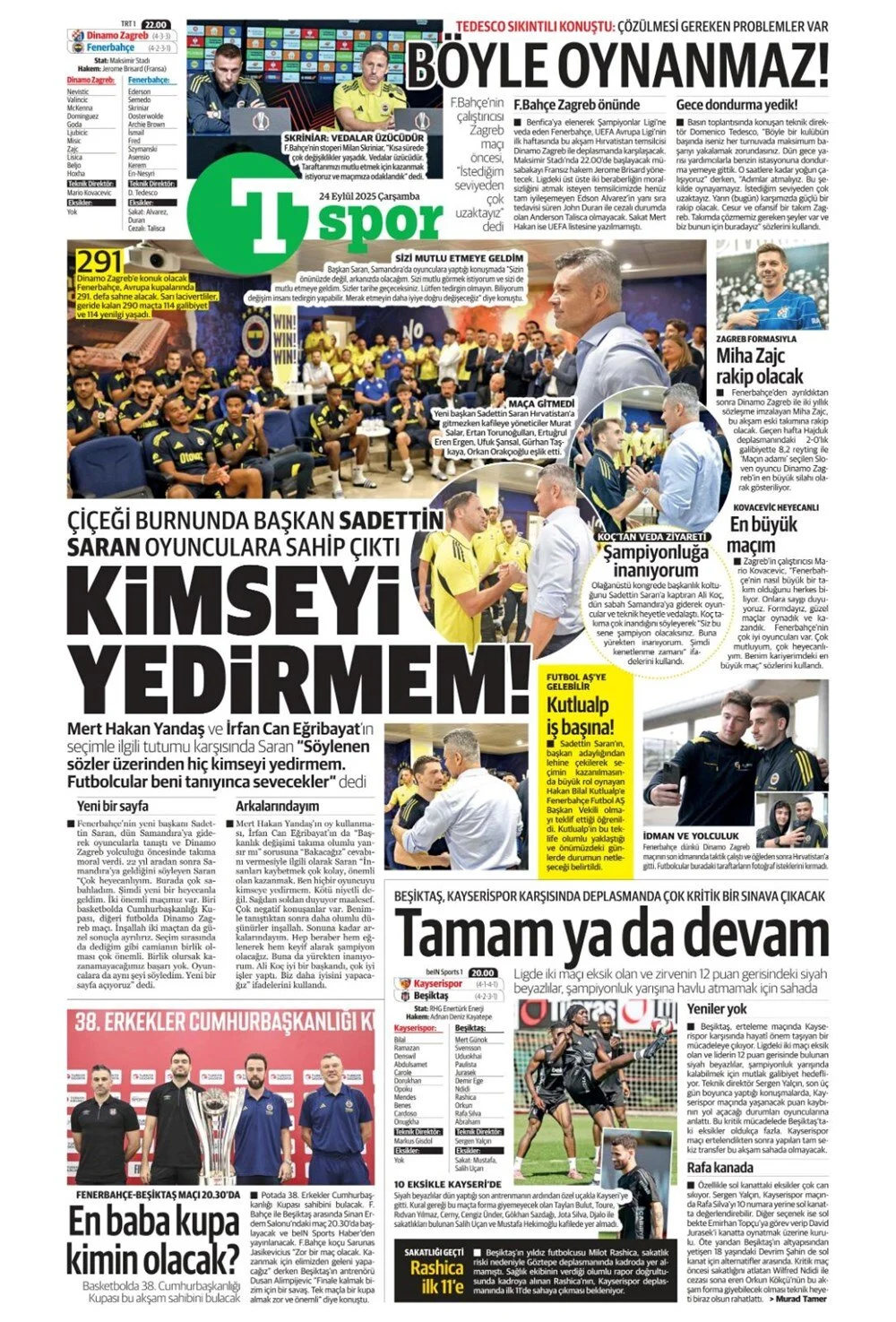 24 Eylül Çarşamba spor gazeteleri manşetleri: Bugün sporda hangi başlıklar öne çıktı?