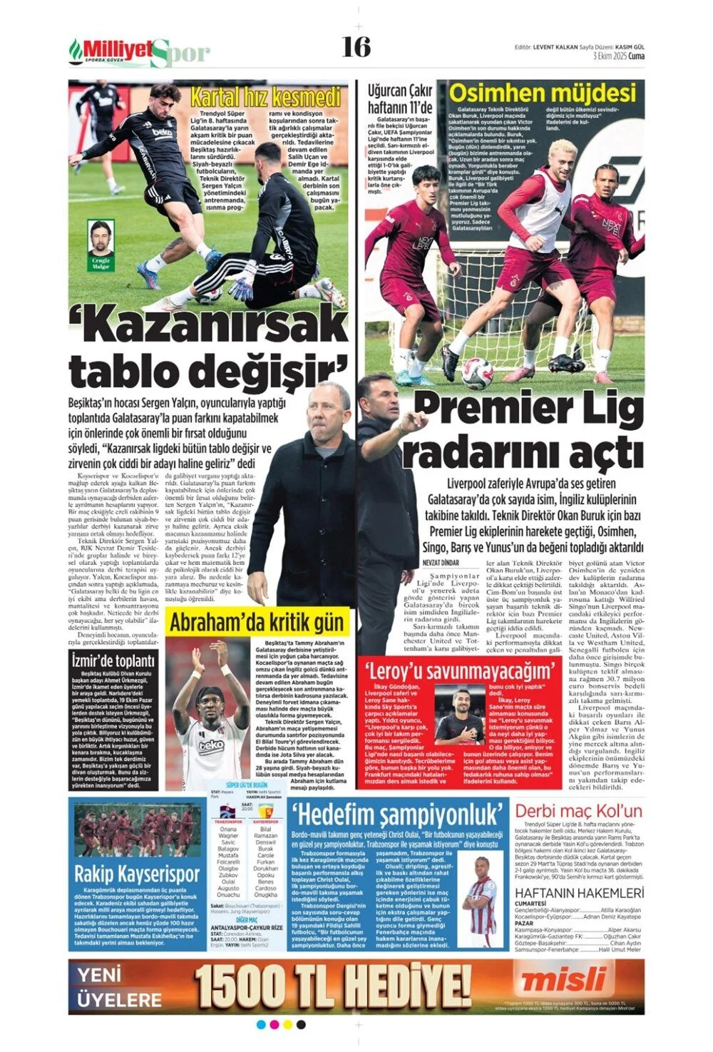 3 Ekim Cuma spor gazeteleri manşetleri: Bugün sporda hangi başlıklar öne çıktı?