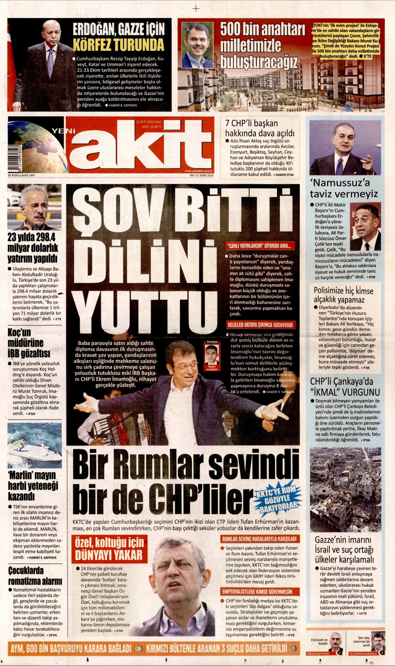 Gazeteler manşetine hangi haberleri taşıdı? İşte 21 Ekim Salı gazete manşetleri